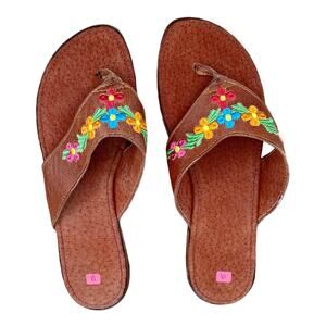 Mexican Sandals Open Toe Wedge Faux Suede Floral Embroidered Brown US 8-8.5 N